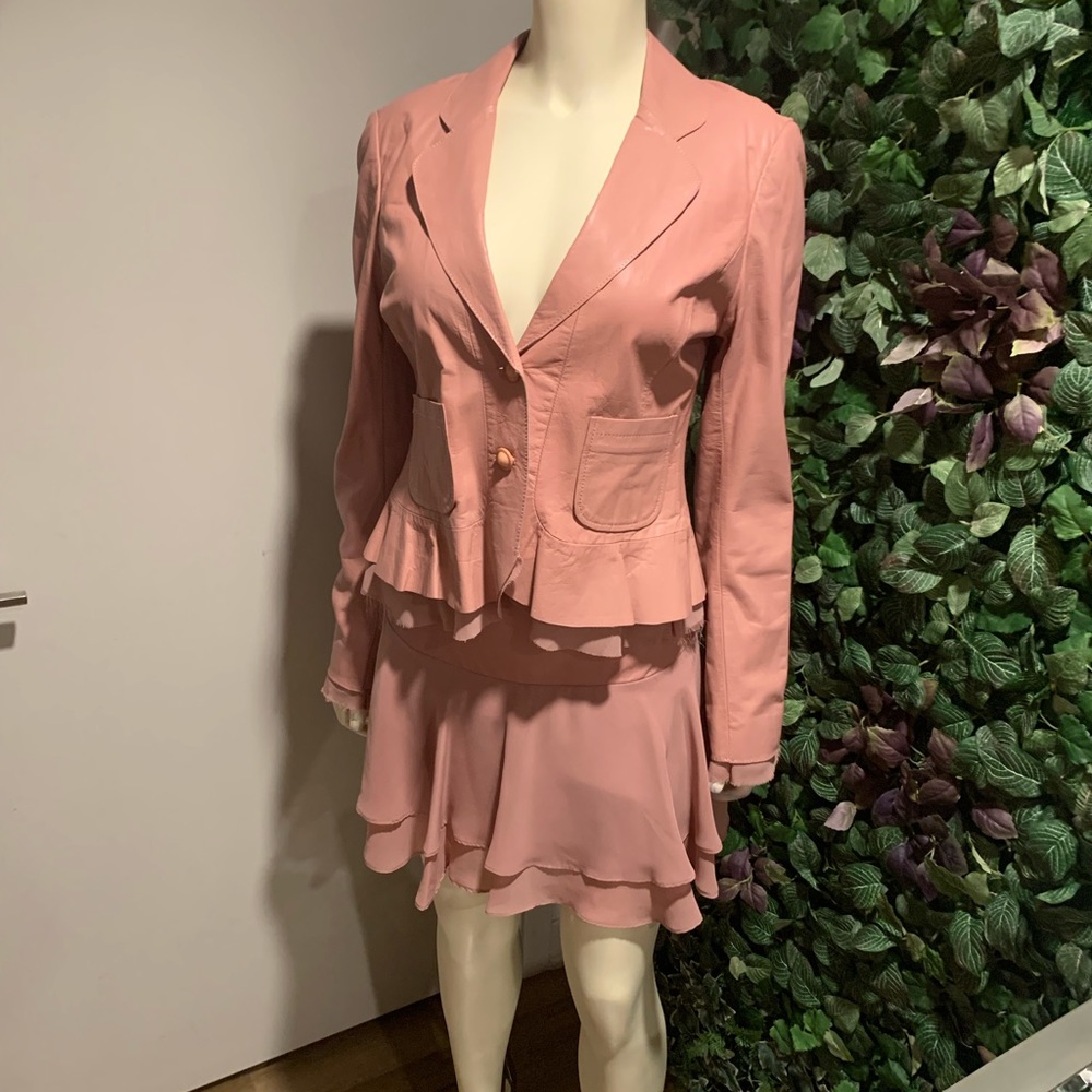 Pink Leather & Chiffon Jacket & Mini Skirt
